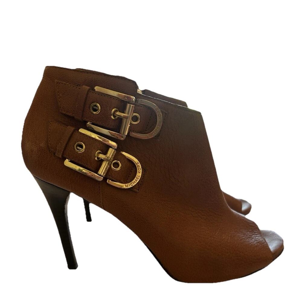 Michael Kors Sz 8.5‎ M Cheyenne Ankle Bootie Leather Brown Gold Accent 4” Heels